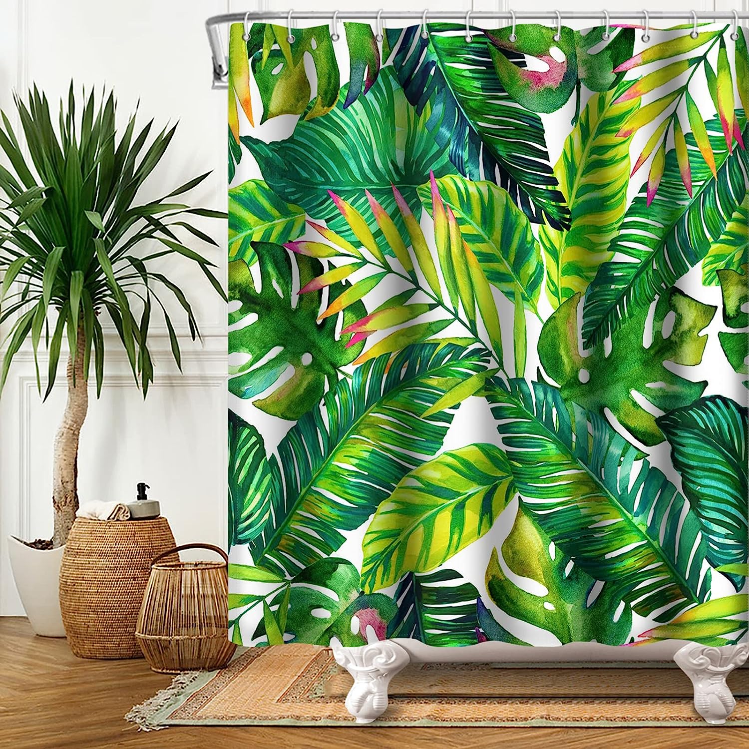 Chloroplastid Green Leaf Shower Curtain With Tropical Plant Banana Monstera Palm Leaves Design