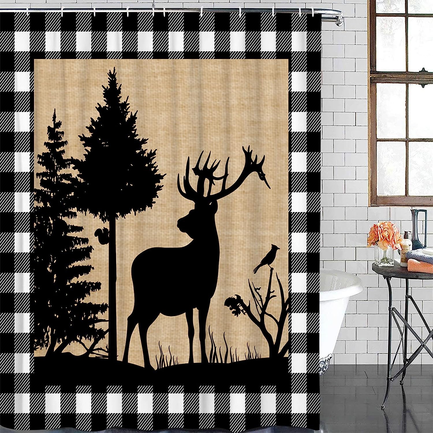 Christmas Animal Moose Elk Xmas Tree Shower Curtain for Cute Rustic Bathroom Decor