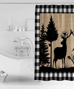 Christmas Animal Moose Elk Xmas Tree Shower Curtain for Cute Rustic Bathroom Decor