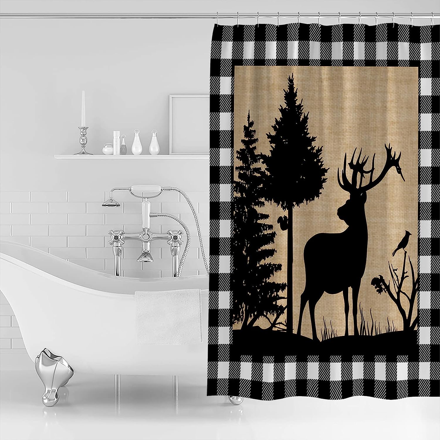 Christmas Animal Moose Elk Xmas Tree Shower Curtain for Cute Rustic Bathroom Decor