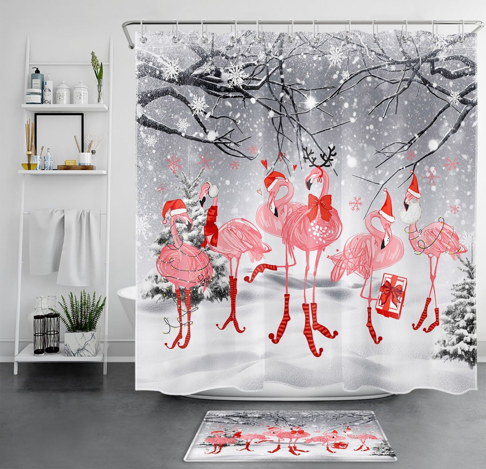 Christmas Ball Snowflake Red Gnome Winter Shower Curtain