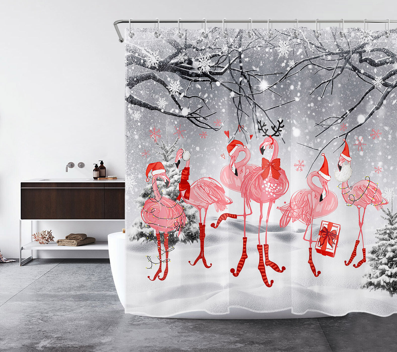 Christmas Ball Snowflake Red Gnome Winter Shower Curtain