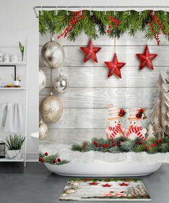 Christmas Ball and Fir Branches Shower Curtain with Snowman for a Festive Bathroom Decor