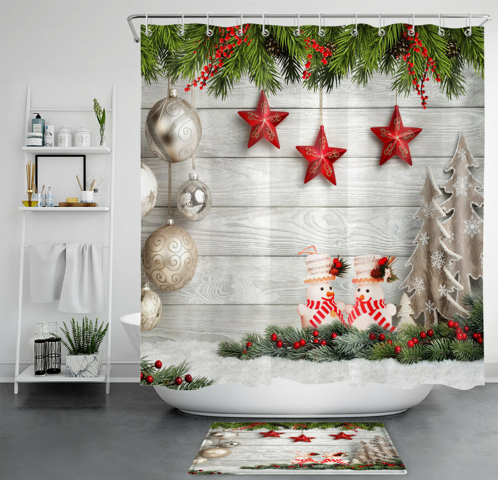 Christmas Ball and Fir Branches Shower Curtain with Snowman for a Festive Bathroom Decor