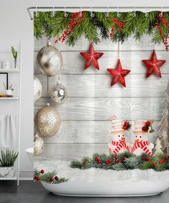 Christmas Ball and Fir Branches Shower Curtain with Snowman for a Festive Bathroom Decor