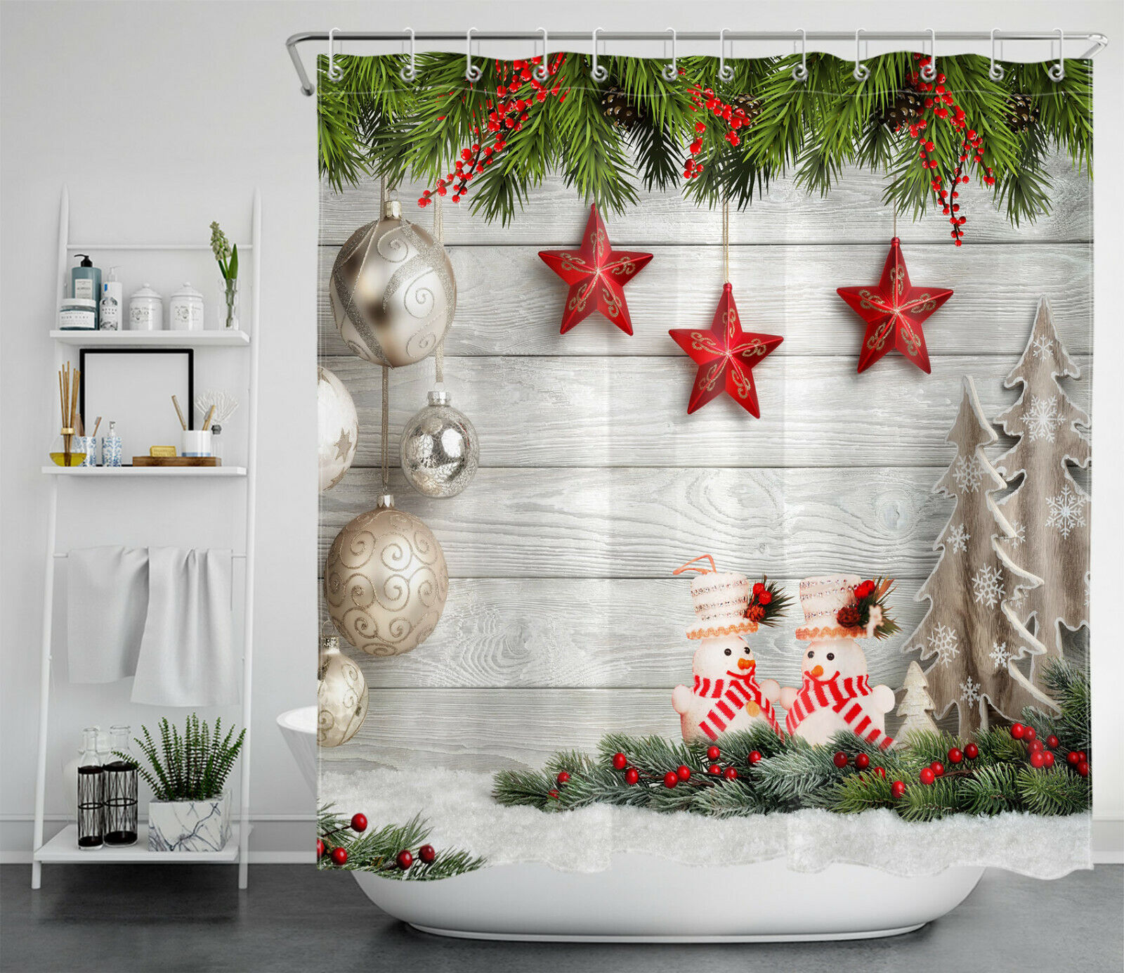Christmas Ball and Fir Branches Shower Curtain with Snowman for a Festive Bathroom Decor