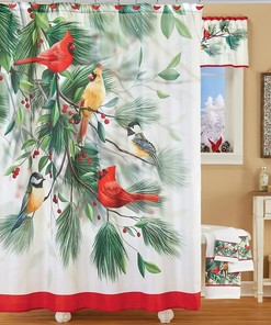 Christmas Berry Branch Cardinal And Chickadee Fabric Shower Curtain