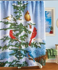 Christmas Birds And Pine Tree Shower Curtain With Winter Cardinals Print