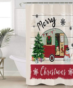 Christmas Camper Dog Xmas Tree Snowman Shower Curtain, Fun Bathroom Decor
