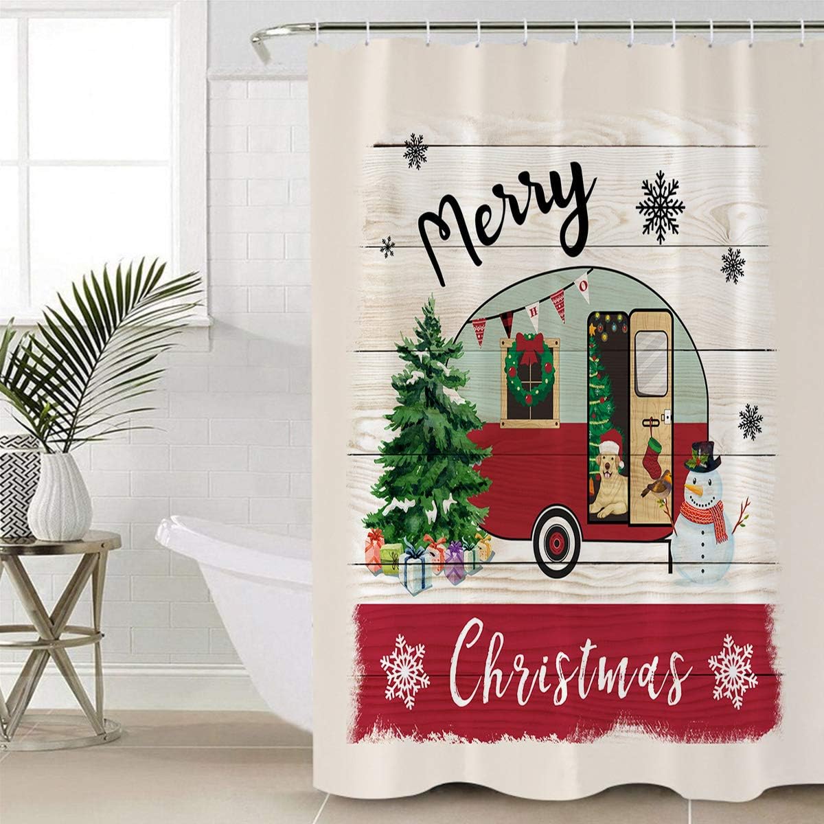 Christmas Camper Dog Xmas Tree Snowman Shower Curtain, Fun Bathroom Decor