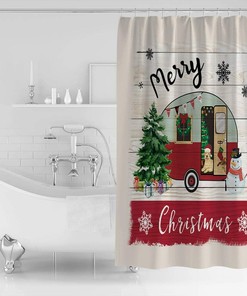 Christmas Camper Dog Xmas Tree Snowman Shower Curtain, Fun Bathroom Decor