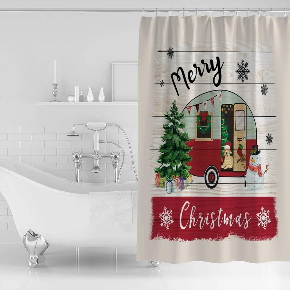 Christmas Camper Dog Xmas Tree Snowman Shower Curtain, Fun Bathroom Decor