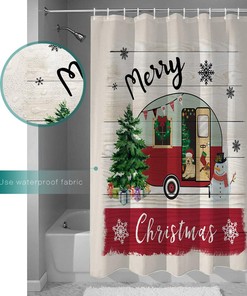 Christmas Camper Dog Xmas Tree Snowman Shower Curtain, Fun Bathroom Decor