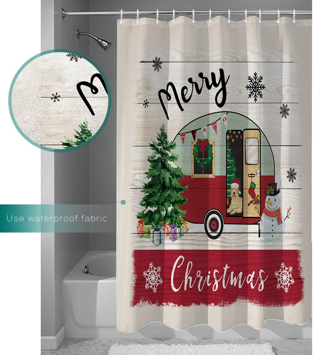 Christmas Camper Dog Xmas Tree Snowman Shower Curtain, Fun Bathroom Decor