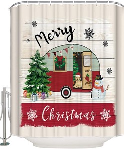 Christmas Camper Dog Xmas Tree Snowman Shower Curtain, Fun Bathroom Decor