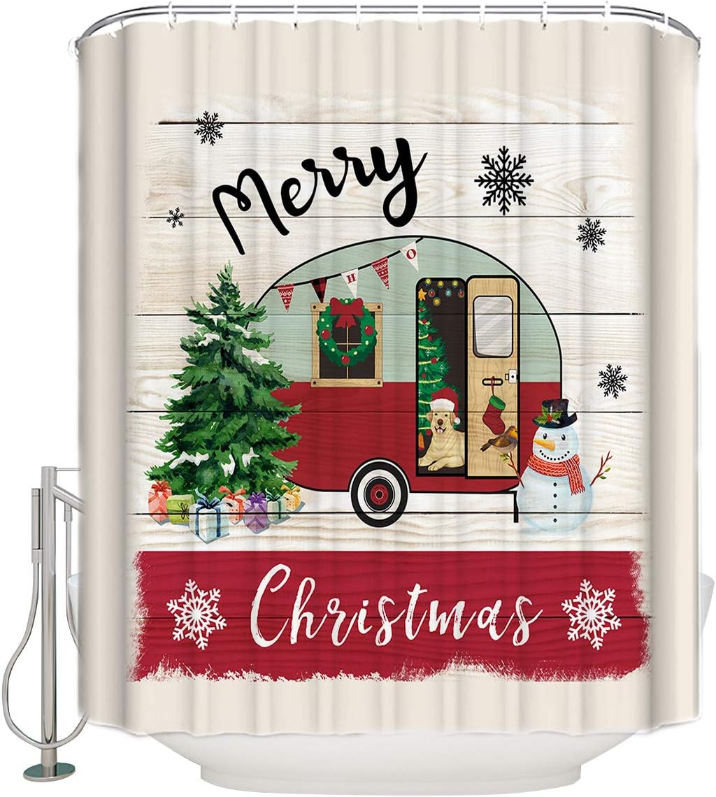 Christmas Camper Dog Xmas Tree Snowman Shower Curtain, Fun Bathroom Decor