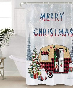Christmas Camper Dwarf Xmas Tree Snowman Shower Curtain, Fun Bathroom Decor