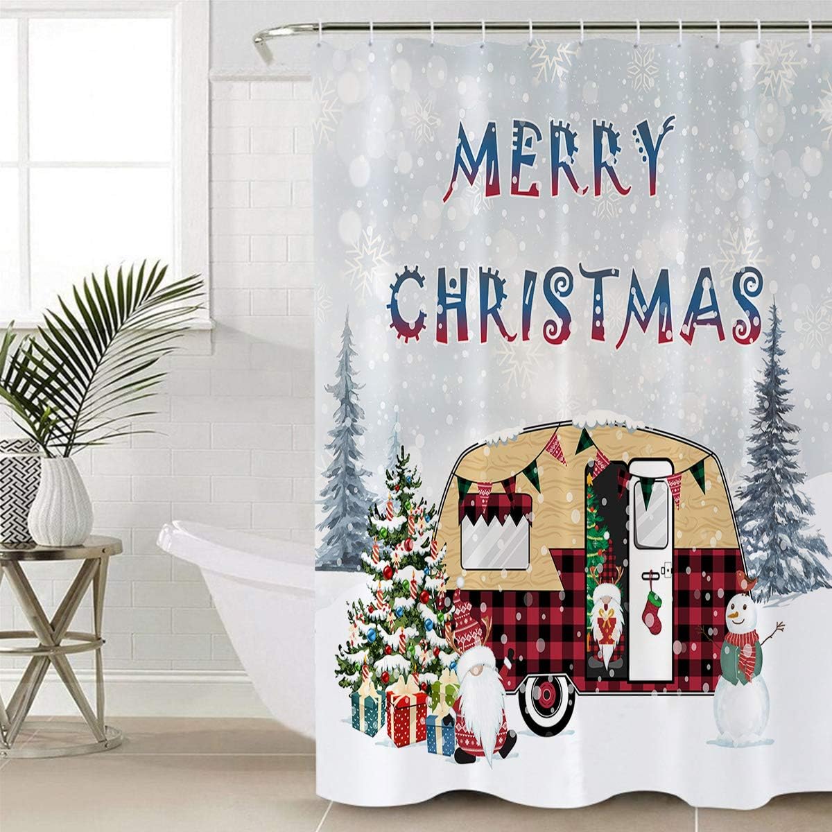 Christmas Camper Dwarf Xmas Tree Snowman Shower Curtain, Fun Bathroom Decor