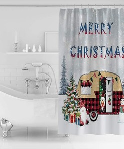 Christmas Camper Dwarf Xmas Tree Snowman Shower Curtain, Fun Bathroom Decor