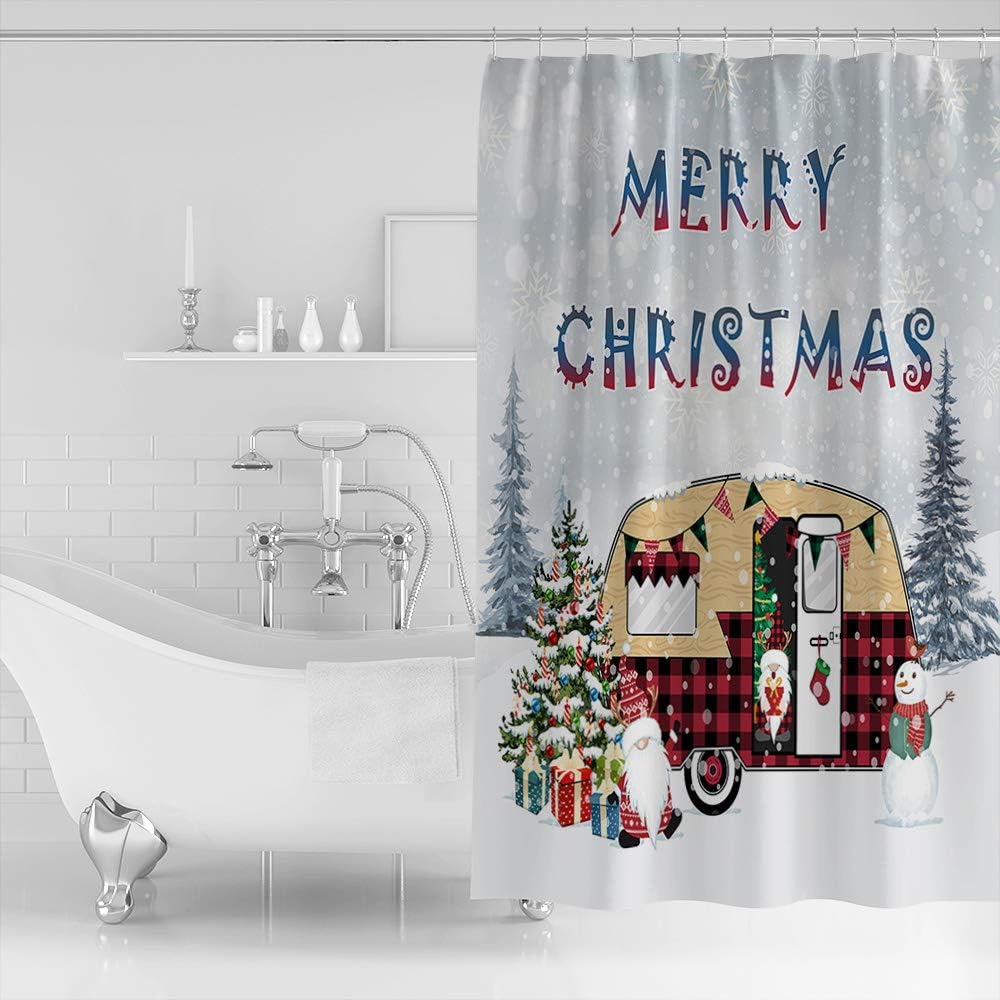 Christmas Camper Dwarf Xmas Tree Snowman Shower Curtain, Fun Bathroom Decor