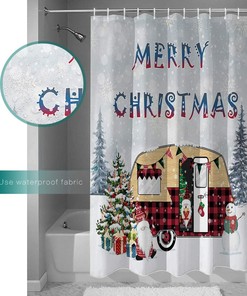 Christmas Camper Dwarf Xmas Tree Snowman Shower Curtain, Fun Bathroom Decor