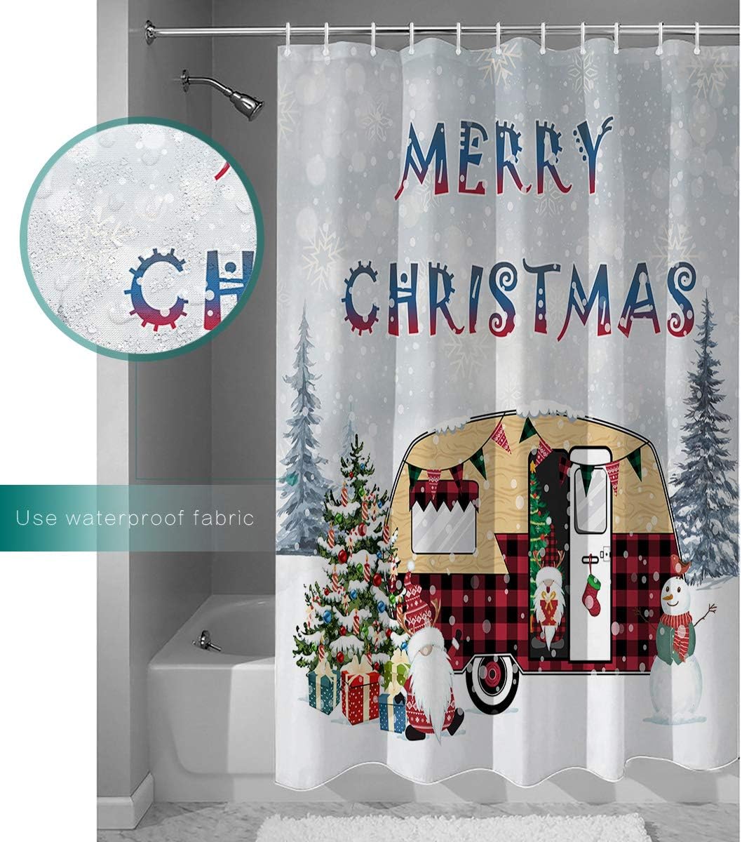 Christmas Camper Dwarf Xmas Tree Snowman Shower Curtain, Fun Bathroom Decor