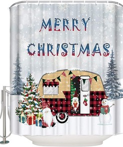 Christmas Camper Dwarf Xmas Tree Snowman Shower Curtain, Fun Bathroom Decor
