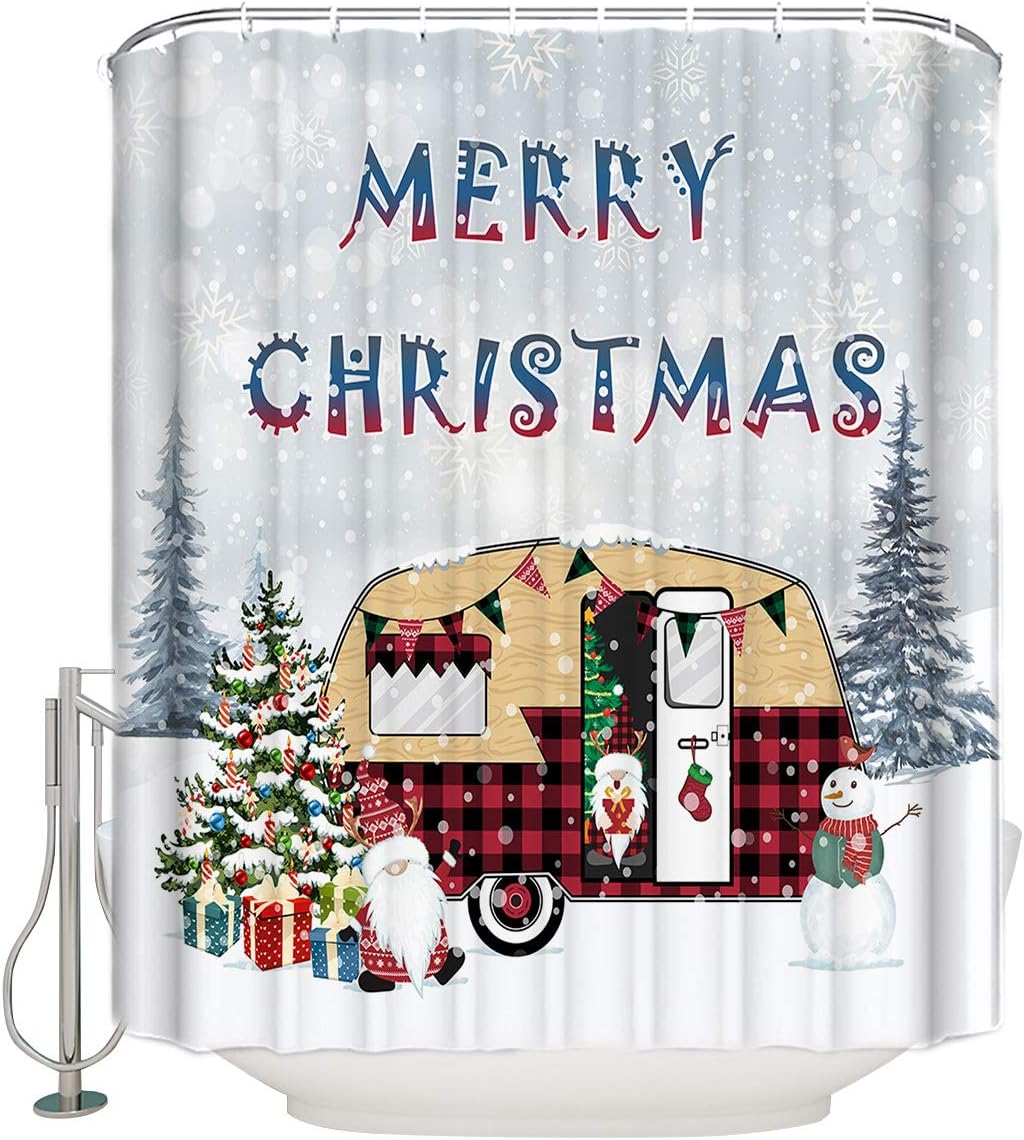 Christmas Camper Dwarf Xmas Tree Snowman Shower Curtain, Fun Bathroom Decor