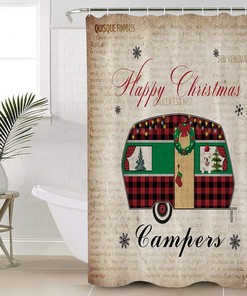 Christmas Camper with Dog Xmas Tree Shower Curtain, Retro Bathroom Decor