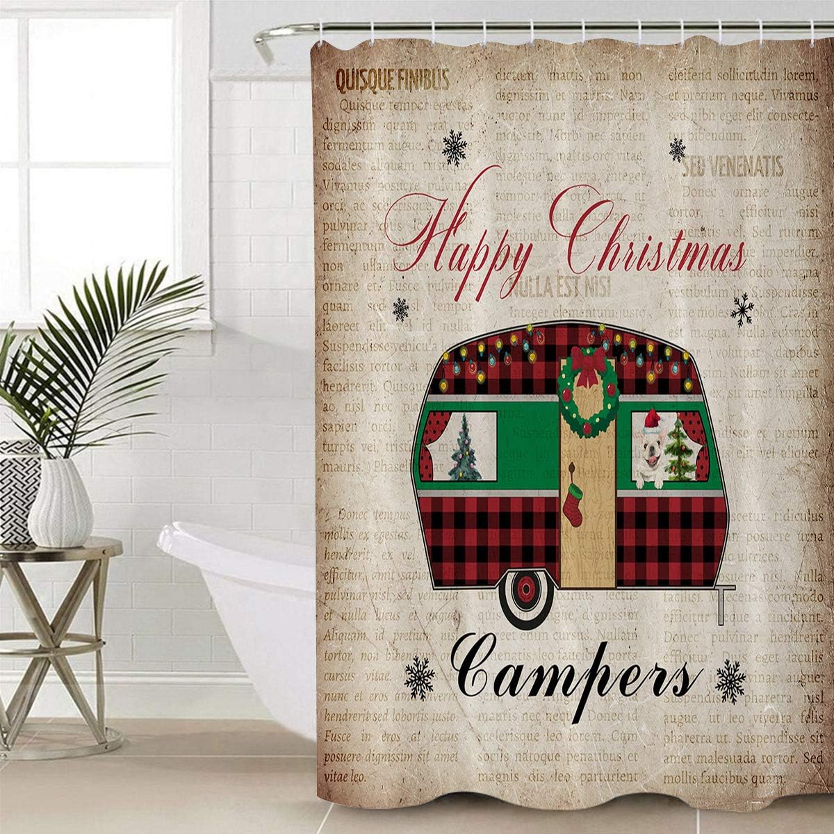 Christmas Camper with Dog Xmas Tree Shower Curtain, Retro Bathroom Decor