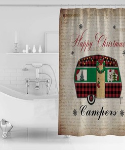 Christmas Camper with Dog Xmas Tree Shower Curtain, Retro Bathroom Decor