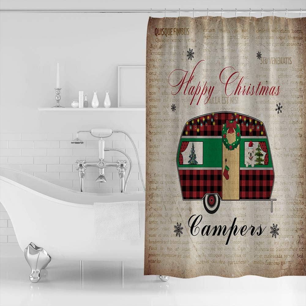 Christmas Camper with Dog Xmas Tree Shower Curtain, Retro Bathroom Decor