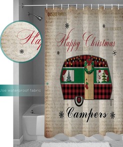 Christmas Camper with Dog Xmas Tree Shower Curtain, Retro Bathroom Decor
