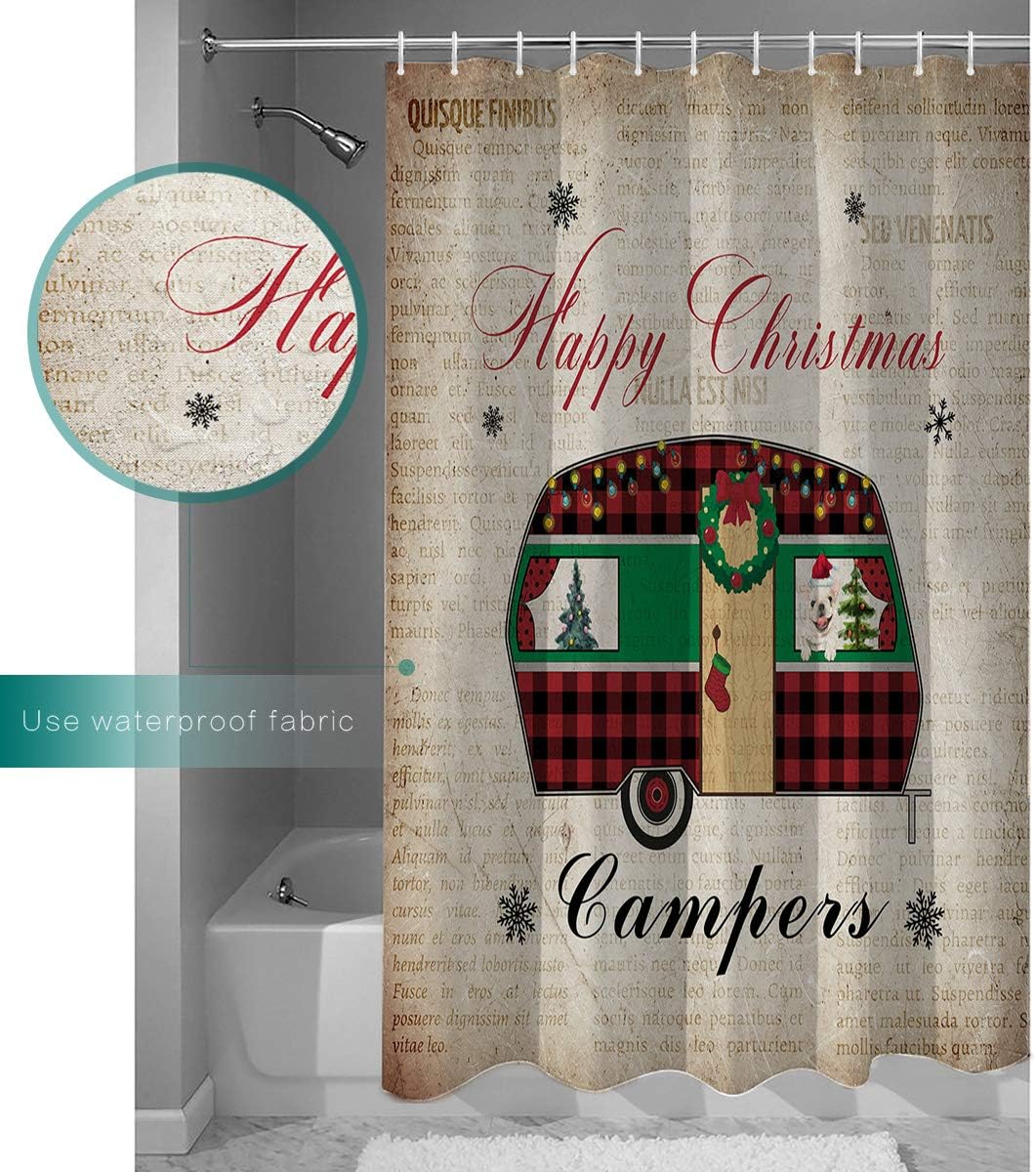 Christmas Camper with Dog Xmas Tree Shower Curtain, Retro Bathroom Decor