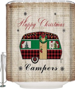 Christmas Camper with Dog Xmas Tree Shower Curtain, Retro Bathroom Decor