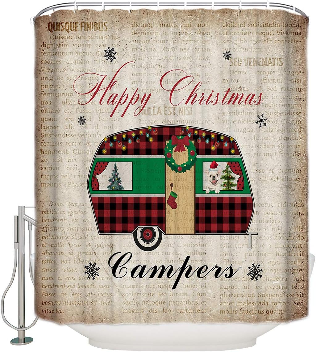 Christmas Camper with Dog Xmas Tree Shower Curtain, Retro Bathroom Decor