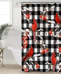 Christmas Cardinals Berry Buffalo Check Plaid Shower Curtain, Bathroom Decor