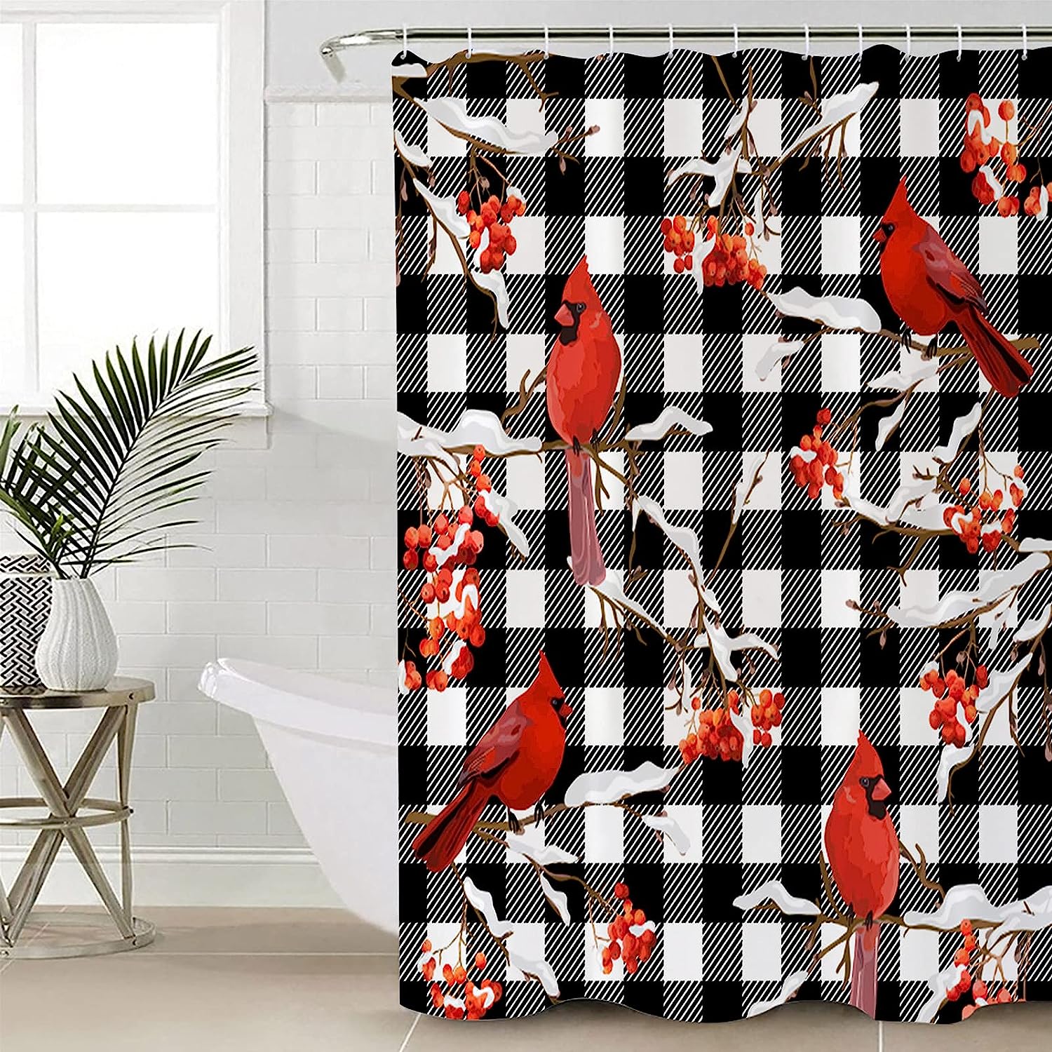 Christmas Cardinals Berry Buffalo Check Plaid Shower Curtain, Bathroom Decor