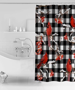 Christmas Cardinals Berry Buffalo Check Plaid Shower Curtain, Bathroom Decor