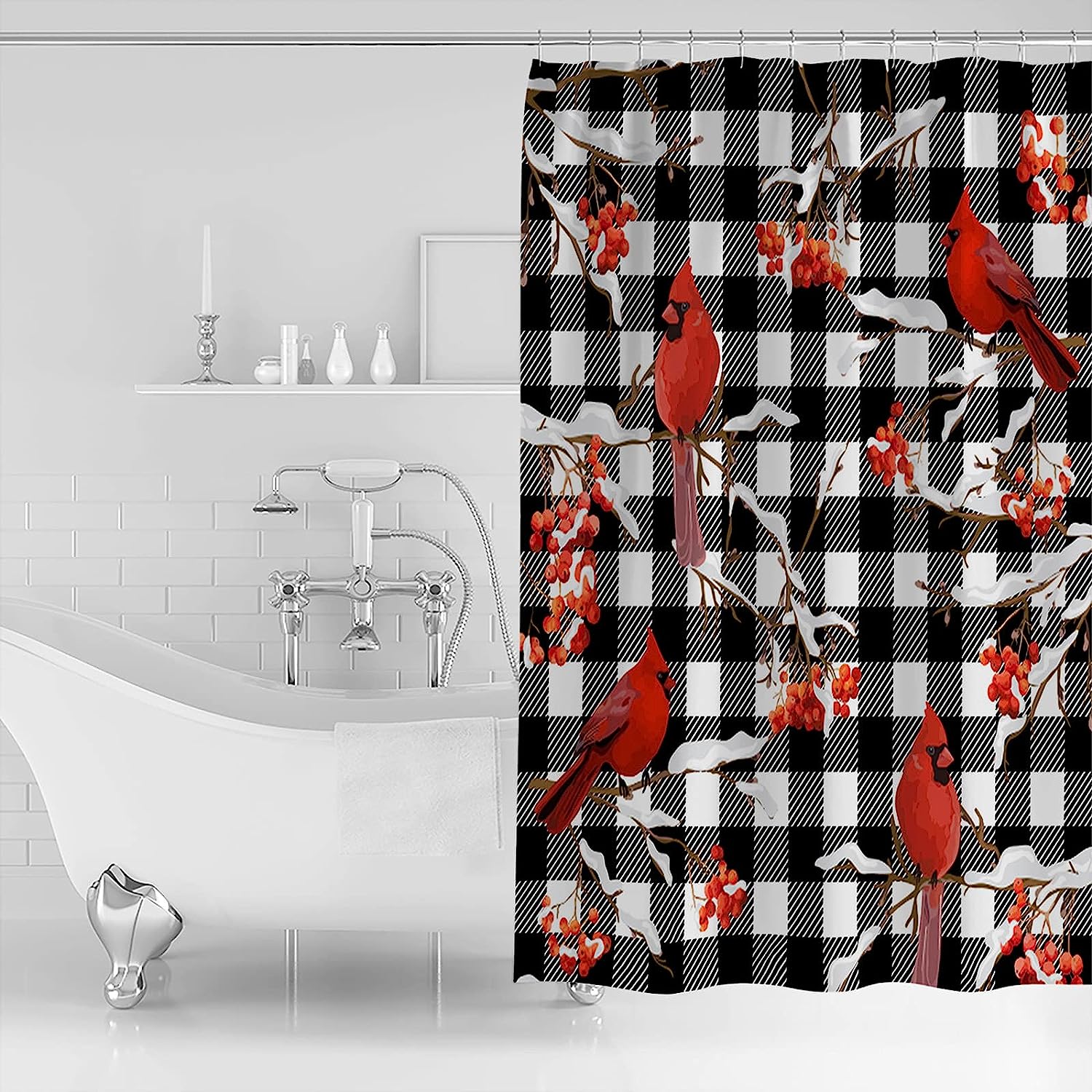 Christmas Cardinals Berry Buffalo Check Plaid Shower Curtain, Bathroom Decor