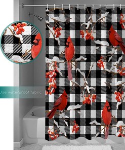 Christmas Cardinals Berry Buffalo Check Plaid Shower Curtain, Bathroom Decor