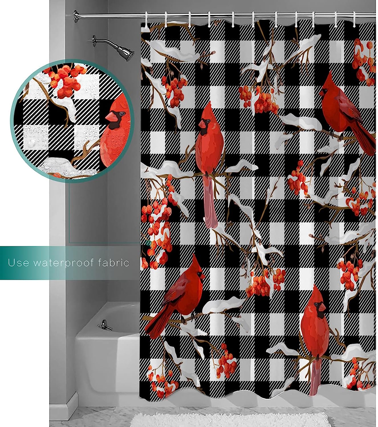 Christmas Cardinals Berry Buffalo Check Plaid Shower Curtain, Bathroom Decor