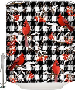 Christmas Cardinals Berry Buffalo Check Plaid Shower Curtain, Bathroom Decor