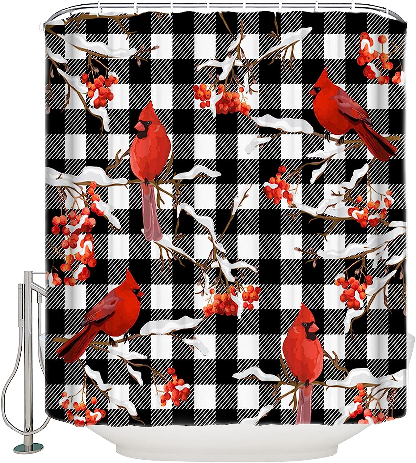 Christmas Cardinals Berry Buffalo Check Plaid Shower Curtain, Bathroom Decor