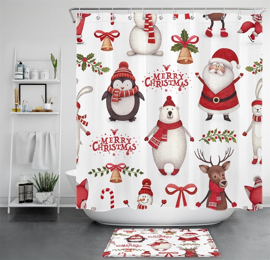 Christmas Cartoon Characters Shower Curtain - Waterproof Fabric Bathroom Decor