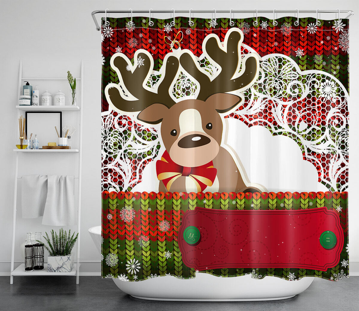 Christmas Cartoon Elk Pattern Waterproof Fabric Shower Curtain - Image 2