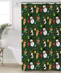 Christmas Cartoon Elk Snowman Penguin Ballon Shower Curtain, Fun Bathroom Decor