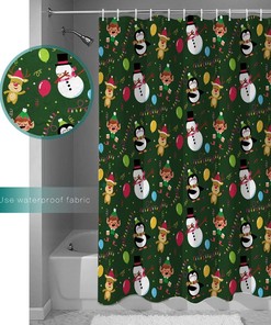 Christmas Cartoon Elk Snowman Penguin Ballon Shower Curtain, Fun Bathroom Decor