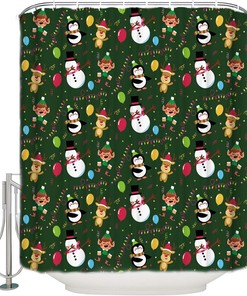 Christmas Cartoon Elk Snowman Penguin Ballon Shower Curtain, Fun Bathroom Decor