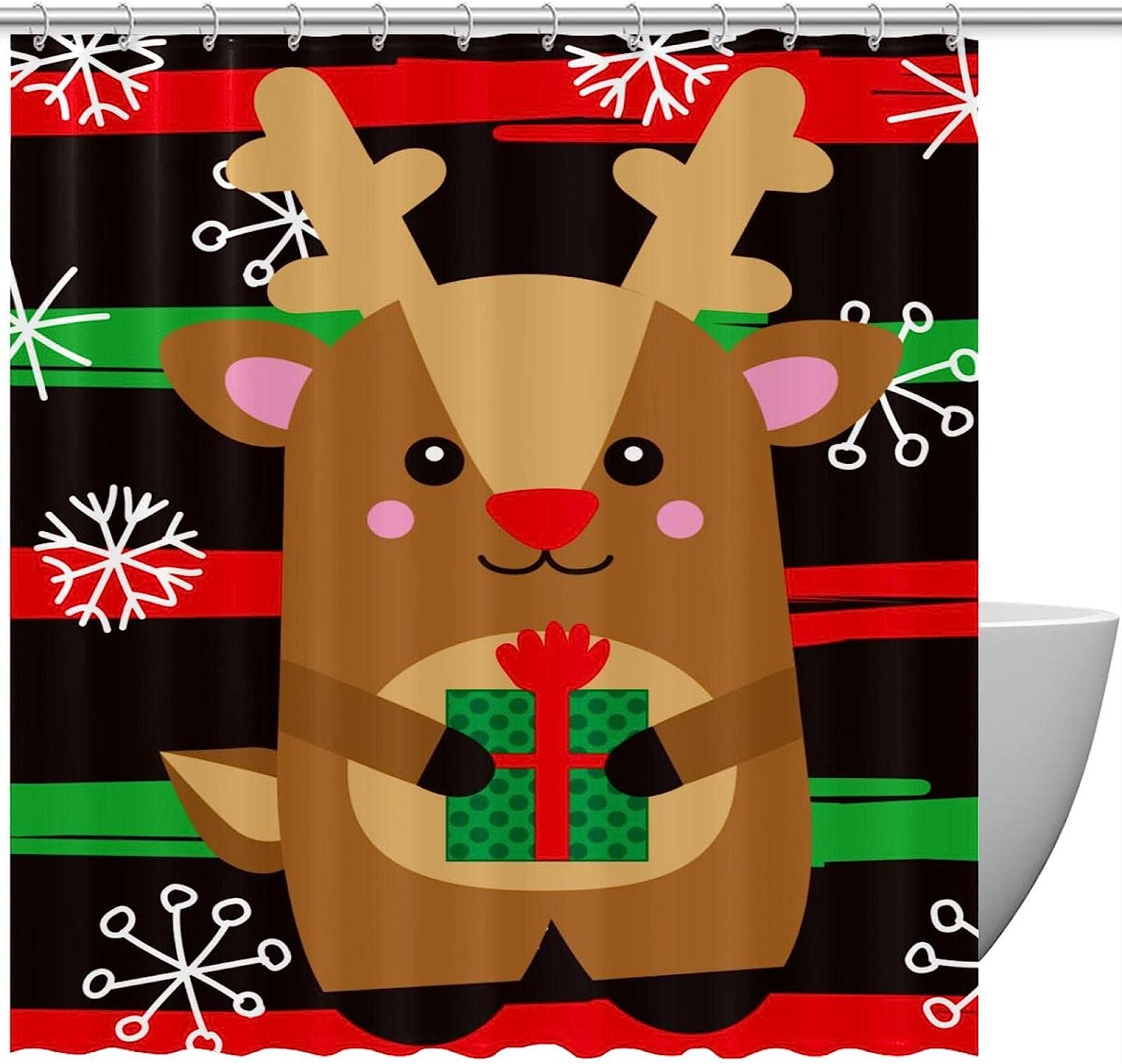 Christmas Cartoon Reindeer Snowflakes Decorative Shower Curtain for Bathroom